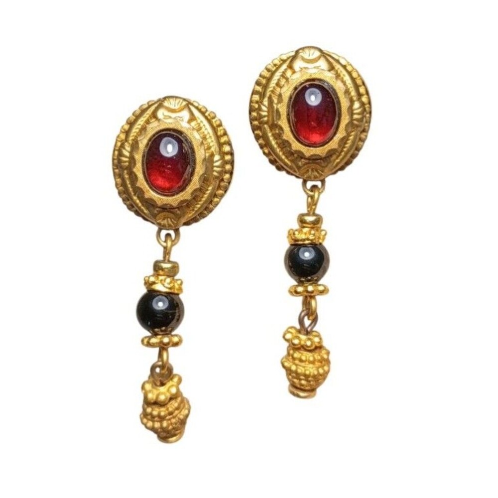 Vintage Etruscan Style Red Cabochon Gold tone Dangle Earrings